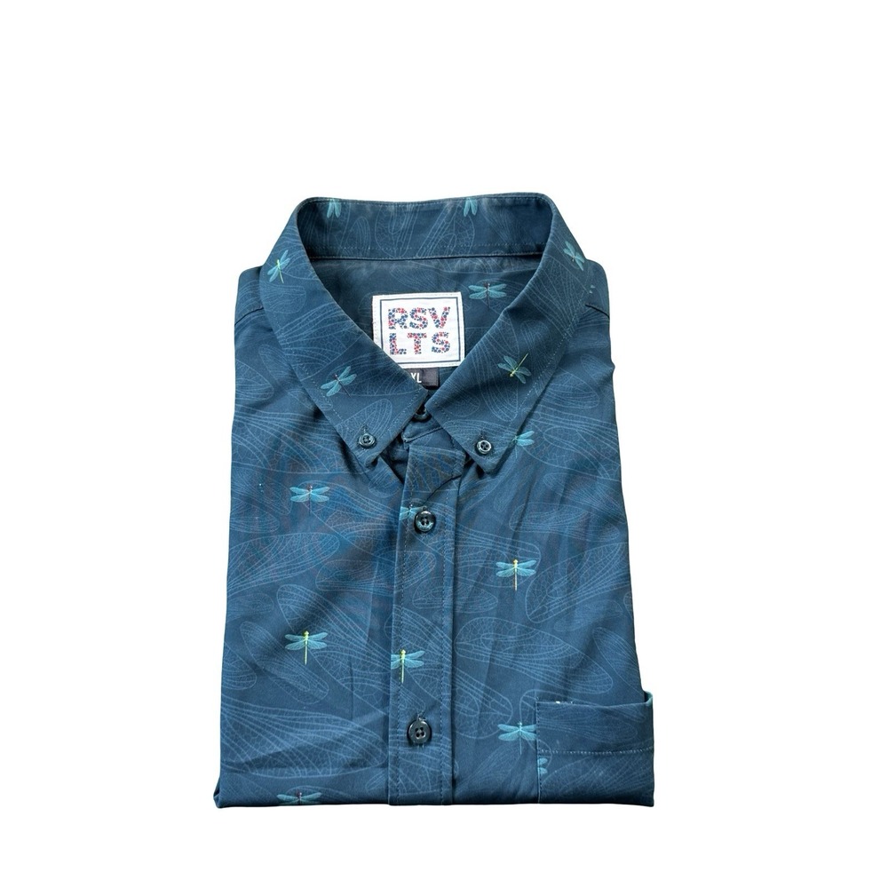 RSVLTS Kunaflex Dragonfly Performance SS Button Front Shirt Mens XL Blue